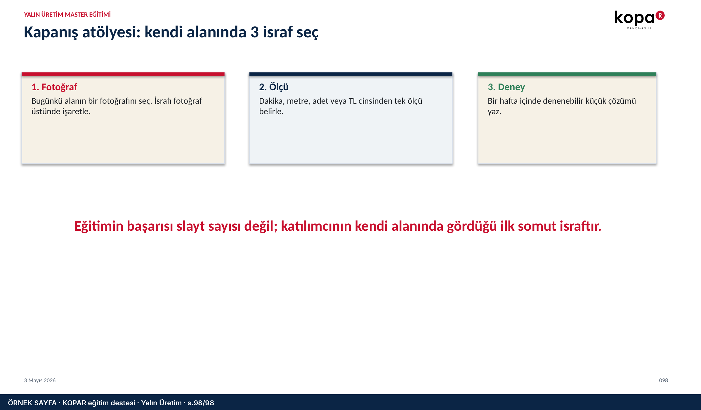 Kapanış ödevi: fotoğraf, ölçü, deney — kendi alanında somut israf.