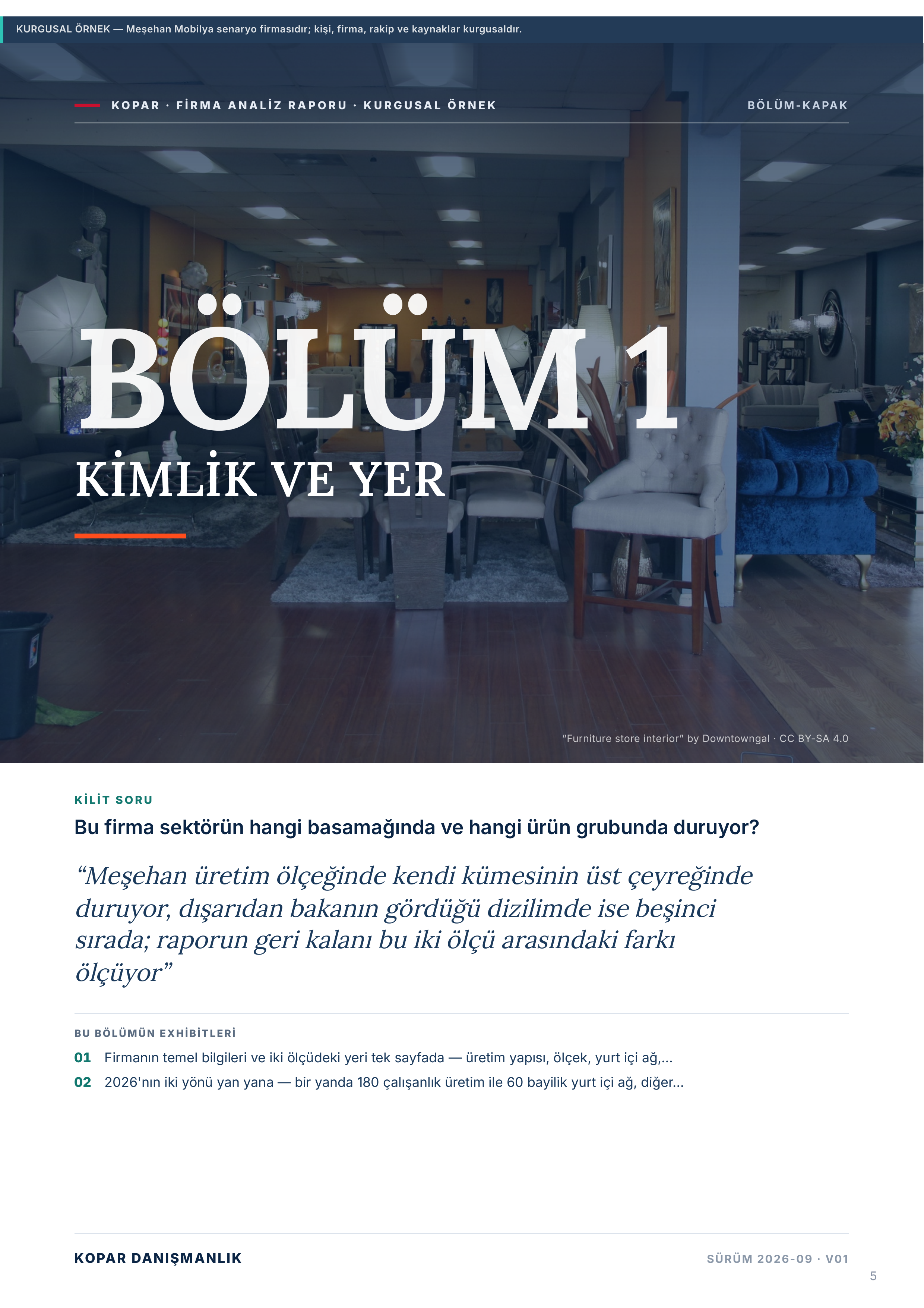 Sayfa 5 — bölüm 1 kapağı, KİMLİK + SEKTÖRDEKİ YER.